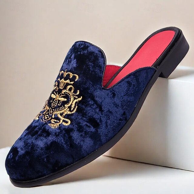 Men's Royal Velvet Embroidered Loafers - Regal Slip-On Slippers with Gold Crown Crest Embellishment 29