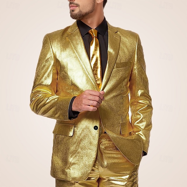  Men's Party Evening Wear Suits Gold Fashion Party Solid Colored Standard Fit 2 Piece Single Breasted Two-buttons