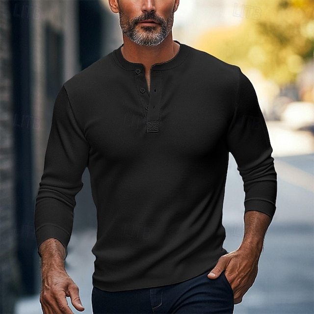  Herr T-shirt Henleytröja Ensfärgat Henley Vanligt Utomhus Casual Långärmad Knappar Kläder 100 % bomull Stickat Dagligen