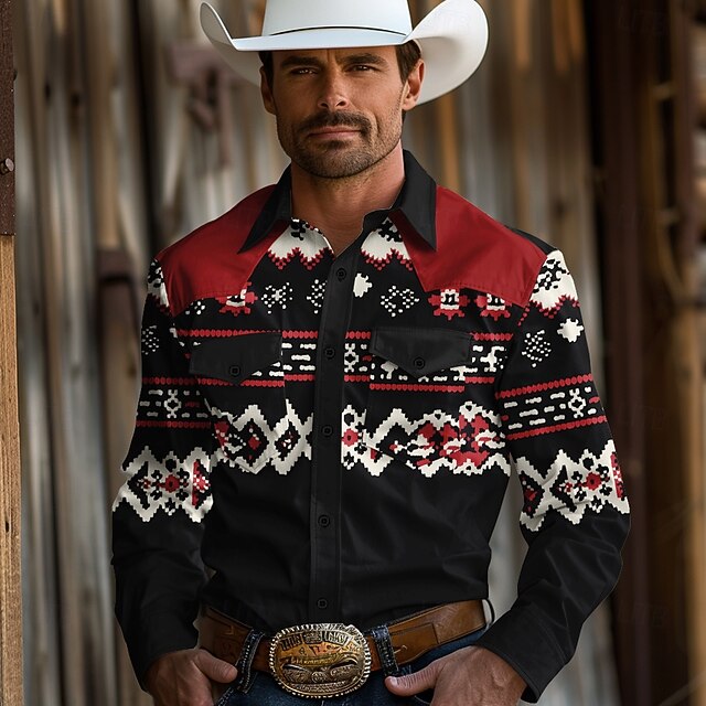 Men's Cowboy Western Shirt Button Up Shirt Cowboy Shirt Long Sleeve Vintage Western Outdoor Daily Holiday Spring Fall Winter Turndown Collared Shirts 3D Print Black4