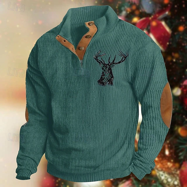 Men's Sweatshirt Black Green Khaki Gray Standing Collar Color Block Reindeer Patchwork Sports & Outdoor Daily Holiday Polyester Streetwear Basic Casual Spring & Fall Clothing Apparel Hoodies 5