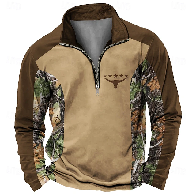 Men's Cowboy Zip Polo Shirts Long Sleeve Polo Shirts Collared Shirts Vintage Casual Outdoor Street Dailywear 3D Print Spring Fall & Winter Brown4