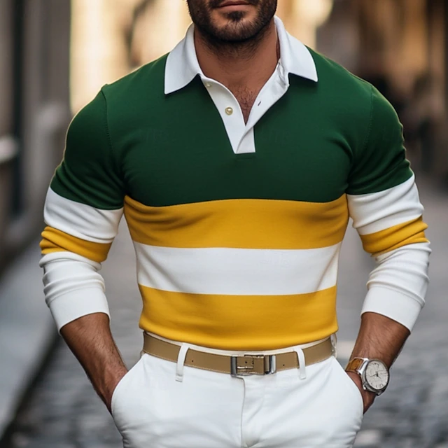 Men's Color Block Stripes Rugby Polo Shirts Long Sleeve Polo Shirts Lapel Classic Fashion 3D Print Modern Casual Sports Stripe Fall Winter Blue Green 5