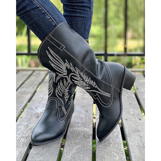  damskie kowbojskie buty w stylu western – klasyczne, sięgające do połowy łydki, brązowe, ze sztucznej skóry z haftowanym wzorem, idealne na co dzień, na festiwale i do strojów wiejskich