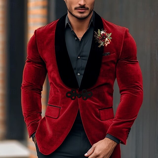 Men's Blazer Jacket Tuxedo Shawl Collar Christmas Vintage Velvet Solid Colored Blazer Red Standard Fit Single Breasted One-button4