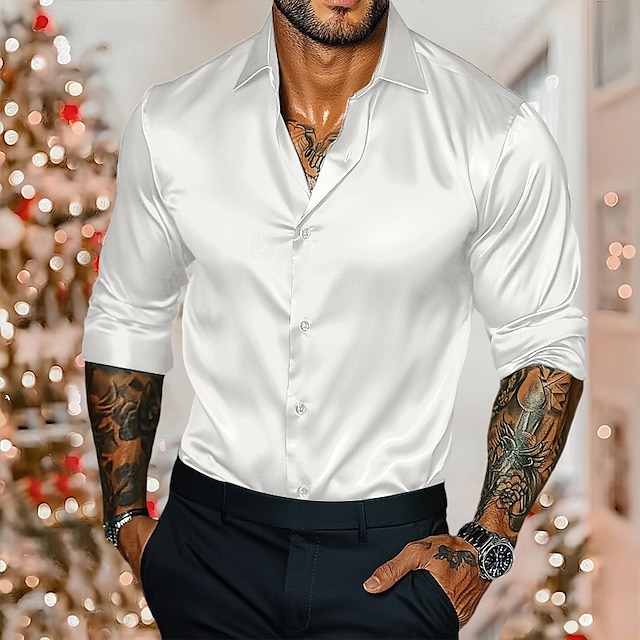  Per uomo Camicia Camicia in raso Maglietta informale Camicia con bottoni Liscio Matrimonio Da mare Nero Bianco Borgogna Blu reale Manica lunga Colletto Inverno Primavera & Autunno Abbigliamento