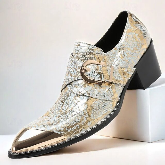 Men's Gold Metallic Leather Dress Shoes with Snake Skin Pattern, Square Toe and Buckle Detail - Perfect for Weddings, Parties, and Other Special Events 11