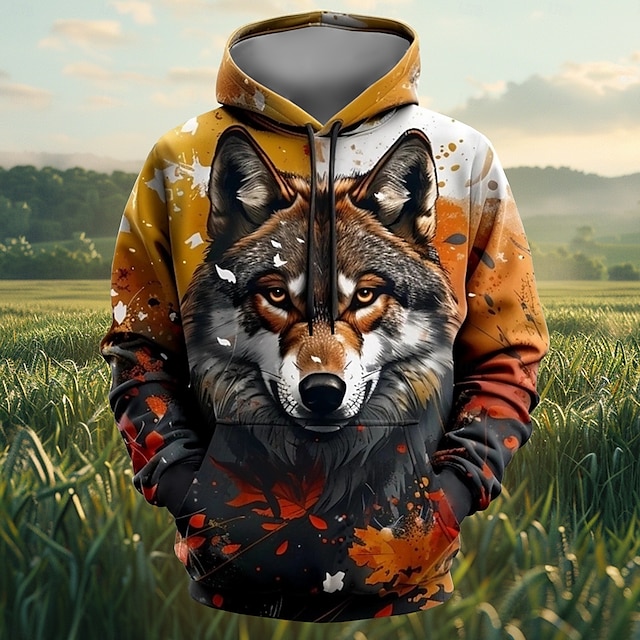  Men's Wolf Hoodies Sweatshirt Outerwear Hooded Sweatshirt Crew Neck Fashion 3D Print Party Holiday Streetwear Brown Drawstring Fall Winter Designer