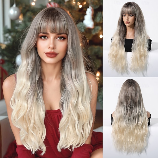  24 inch synthetische pruik damespruik blond lang golvend haar met pony mode dagelijks kerstfeest pruiken