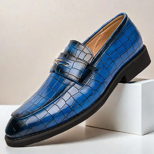 Men's Blue and Red Crocodile-Embossed Faux Leather Loafers – Sleek Slip-On Design with Metal Accent for Christmas, Formal and Business Wear 21