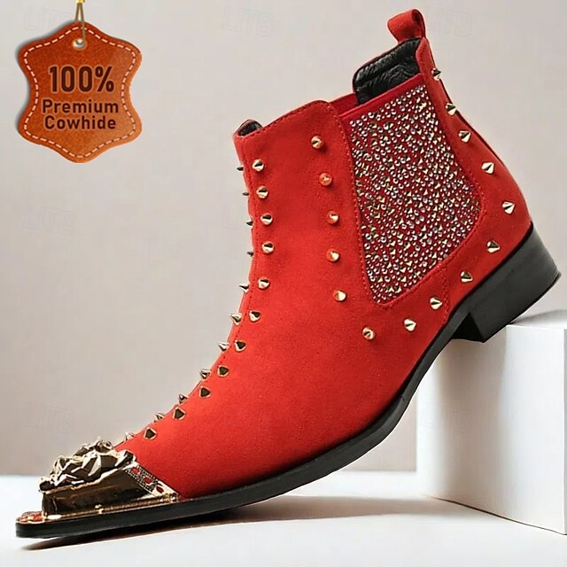 Men's Red Studded Leather Ankle Boots with Metallic Cap Toe and Sparkling Side Panels – Premium Cowhide Statement Footwear for Punk & Fashion-Forward Styles 9