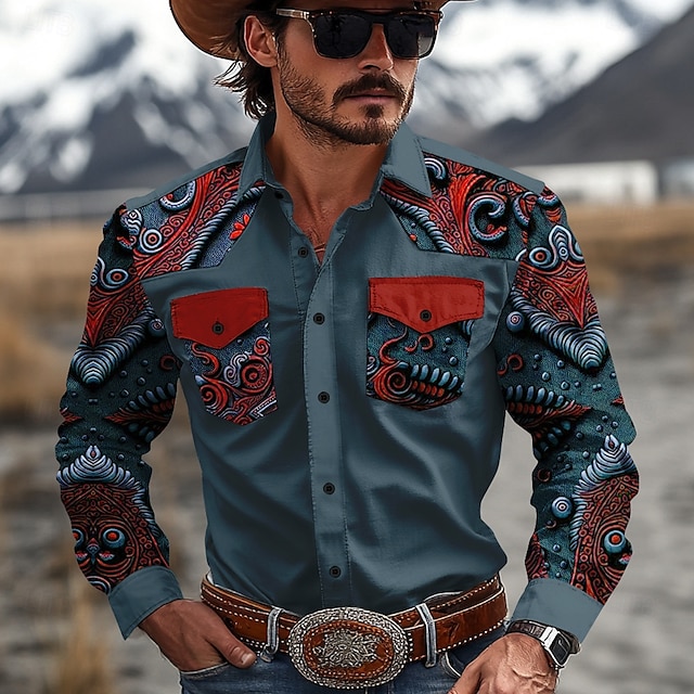  Herre Blomstret Western skjorte Cowboy skjorte Langærmet Vestlig Sport Forår Efterår Aftæpning Patchwork Gul Rød Brun Grøn Grå