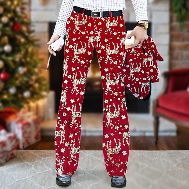  Homens Calças de Natal Social Calça larga Calças Botões Bolsos Veado Conforto Formal Natal O negócio Moda Estilo Clássico Vermelho Micro-Elástica