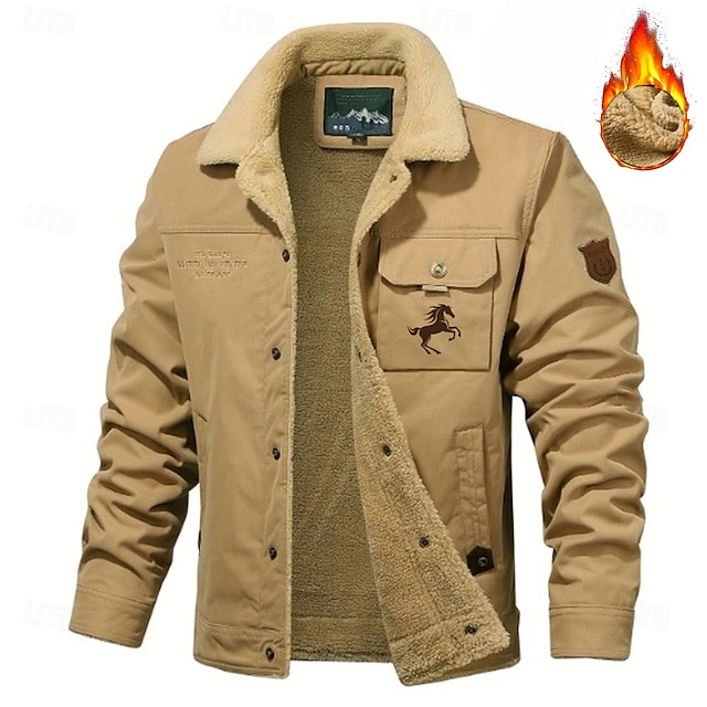  Men's Animal Horse Embroidered Fleece Jacket Sherpa Trucker Jacket Work Cargo Jacket Turn-Down Collar Warm Winter Cotton Jacket Vintage Casual Sports Outdoor Coat Multi-Pockets