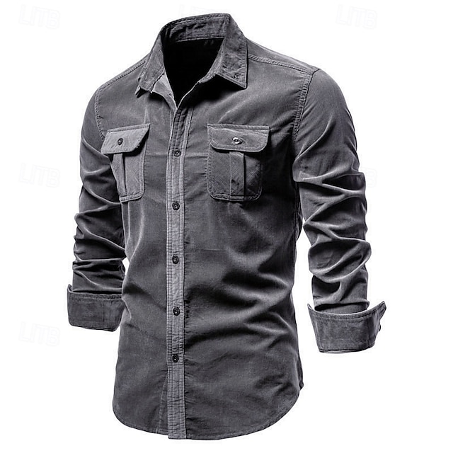  Per uomo Camicia button-down Camicia casual Camicia di Velluto a Coste Blu marino Blu Verde Kaki Grigio Manica Lunga Tinta unica Collo ripiegato Colletto a Camicia All'aperto Quotidiano Abbigliamento