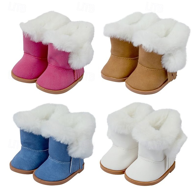 4 paires de chaussures de poupée de Noël de 18 pouces, bottes de poupées, bottes de neige d'hiver, accessoires (rose blanc marron bleu)