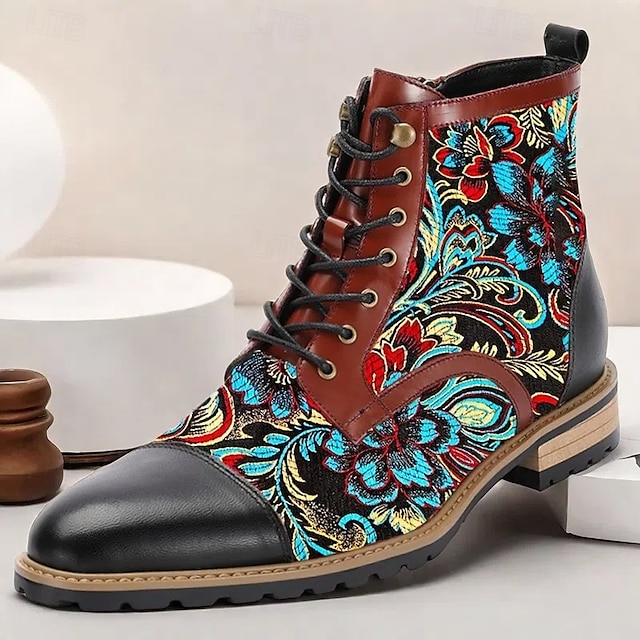  Men's Premium Cowhide Leather Lace-Up Boots with Floral Jacquard Design and Cap Toe - Stylish and Durable Ankle Boots for Casual and Formal Occasions