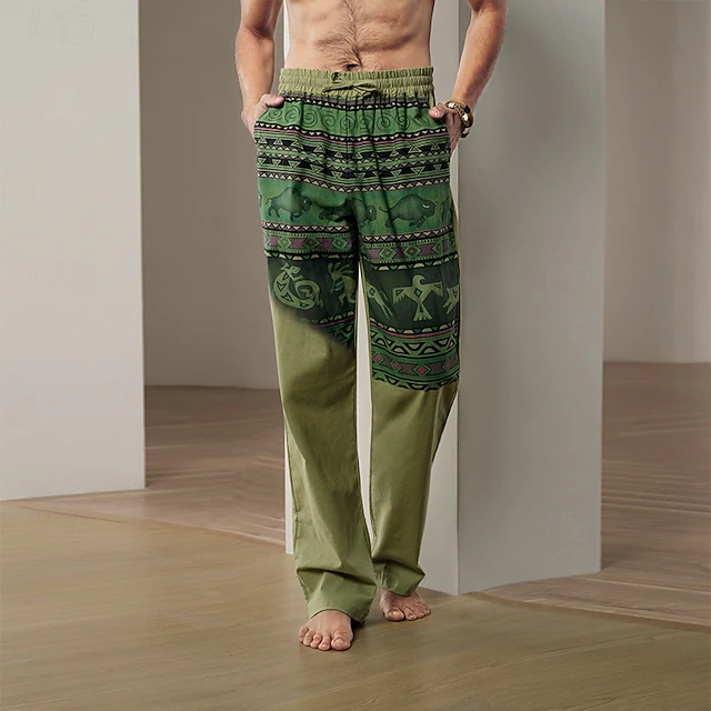 Men's Color Block Cow Graphic Prints Linen Pants Trousers Baggy Pants Mid Waist Streetwear Hawaiian Designer Casual Daily Holiday Drawstring Elastic Waist 3D Print Autumn / Fall Spring & Summer 3D 16