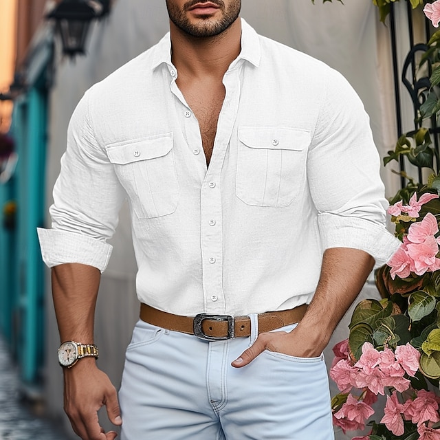  Per uomo Camicia Camicia in lino e cotone Abbigliamento mare Camicia con bottoni Liscio Da mare Informale Nero Bianco Azzurro Manica lunga Bavero Primavera estate Abbigliamento Tasche