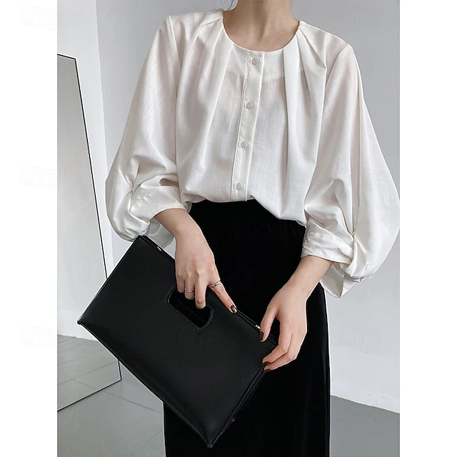 Women's Shirt Cotton Linen Shirt Daily Ladies Long Sleeve Lantern Sleeve Crew Neck White Green Gray Spring & Fall 12