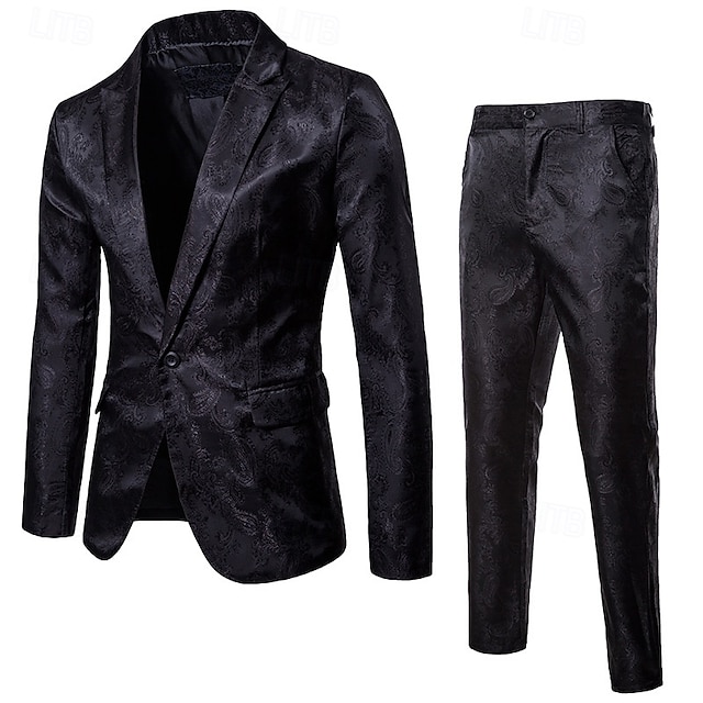  Herre Blazer Sett Virksomhet Cocktailfest Bryllupsfest Mote Fritid Vår & Vinter Bomullsblanding Paisly Lomme 2 deler Bekvem Enkeltkneppet Blazer Svart Gul Burgunder Navyblå