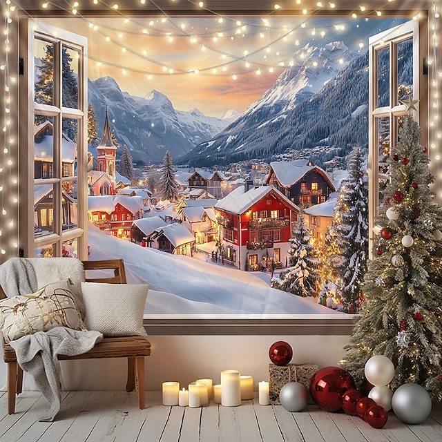  ديكورات عيد الميلاد معلقة نسيج نافذة عرض جدار الفن عيد الميلاد نسيج كبير جدارية ديكور صورة خلفية بطانية ستارة غرفة نوم المنزل غرفة المعيشة ديكور