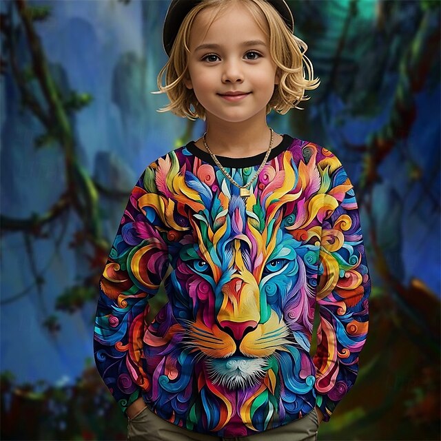  Fete 3D Grafic Animal Tricou Manșon Lung Primăvară Toamnă Modă De Bază Copii 4-12 ani Stil Nautic În aer liber Casual Zilnic Fit regulat