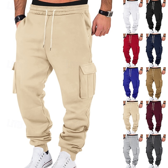  Men's Fleece Pants Sweatpants Joggers Trousers Cargo Sweatpants Pocket Drawstring Elastic Waist Plain Comfort Warm Sports Outdoor Daily Fashion Casual Black White Micro-elastic