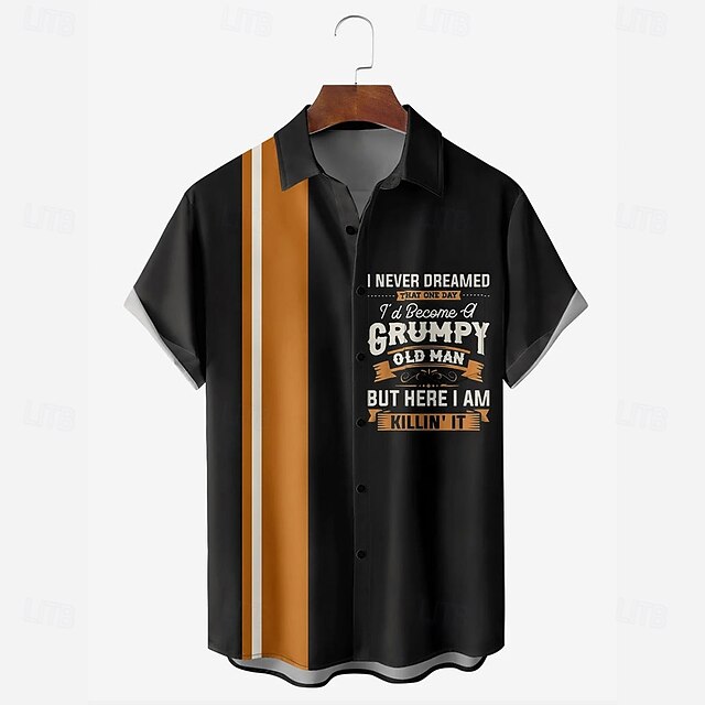 Men's Letter Bowling Shirt Button Up Shirt Short Sleeve Casual Funny Outdoor Sport Summer Turndown Black4