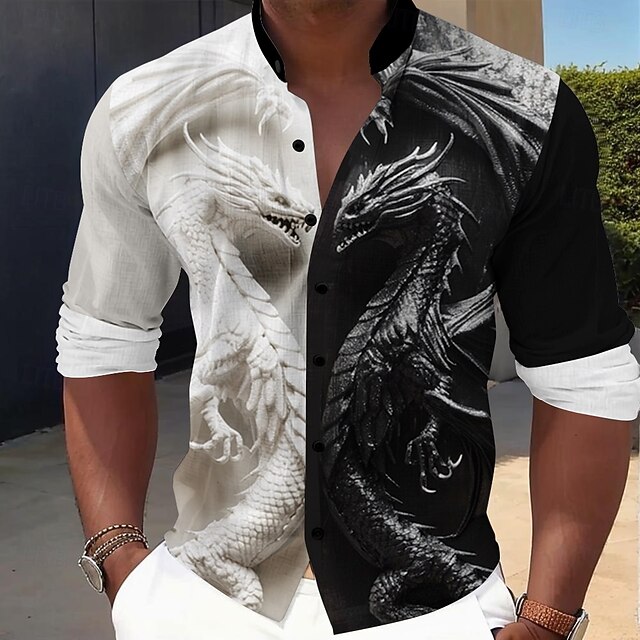 Men's Dragon Dress Shirt Button Up Shirt Long Sleeve Artistic Casual Vacation Home Daily Summer Spring &  Fall Grandad Collar Band Collar 3D Print White+Black4