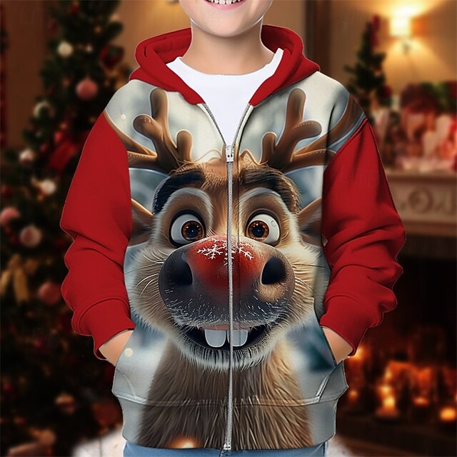 Boys 3D Graphic Deer Christmas Hoodie Hoodie Coat Long Sleeve Spring Fall Fashion Streetwear Kids 4-12 Years Hooded Outdoor Casual Daily Regular Fit4