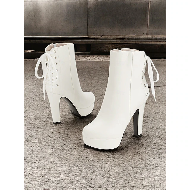 Women's White Platform Ankle Boots with Lace-Up Back and Side Zipper – Trendy High Heel Boots for Parties and Night Out 8