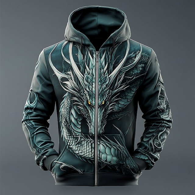  Homme Sweat à capuche Bleu Capuche Dragon 3D effet Frais Automne Hiver Vêtement Tenue Pulls Capuche Pulls molletonnés