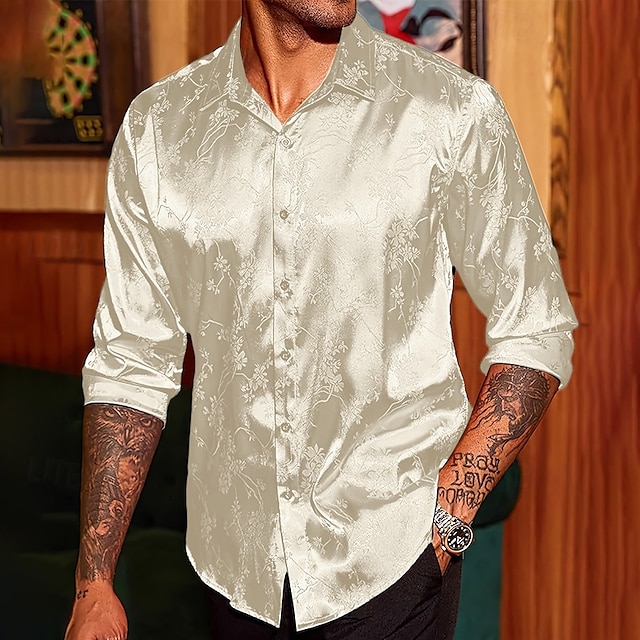  Herren Hemd Satinhemd Freizeithemd Knopfhemd Blumen Hochzeit Urlaub Rote Grün Beige Langarm Kragen Winter Frühling & Sommer Bekleidung