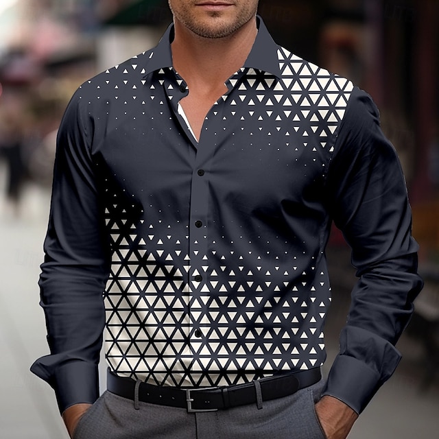  Herren Geometrisch Hemd Oberhemd Knopfhemd Langarm Sport Business-Casual B¨¹ro Arbeit Täglich Frühling Herbst Umlegekragen Schwarz