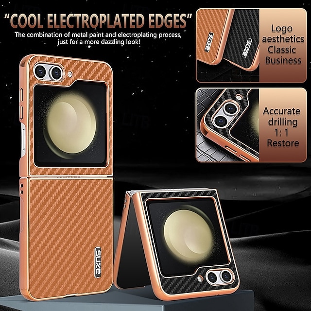  Phone Case For Samsung Galaxy Z Flip 6 Z Flip 5 Z Flip 4 Z Flip 3 Back Cover Shockproof Retro Carbon Fiber Plating
