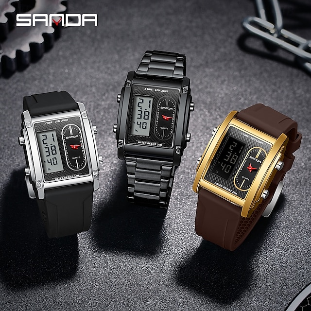  SANDA Hommes Montre Digitale Extérieur Mode Décontractée Montre Bracelet Lumineux Chronomètre Fonction réveille Calendrier Gel de Silicone Bracelet en acier inoxydable Suivre