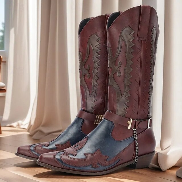 Men's Black Western Cowboy Boots Motorcycle Boots with Eagle Embroidery and Metal Chain Detail, Vintage Pointed Toe Boots for Riding and Casual Wear 10