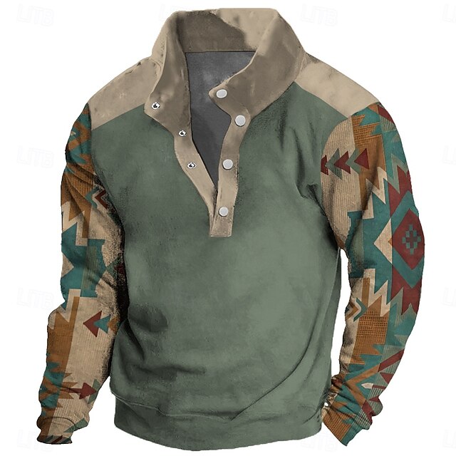  Per uomo Etnico Felpa Felpa Felpa Chiusura lampo quarto Giornaliero Etnico Vacanze Con stampe Per eventi 1/4 zip Inverno Primavera & Autunno