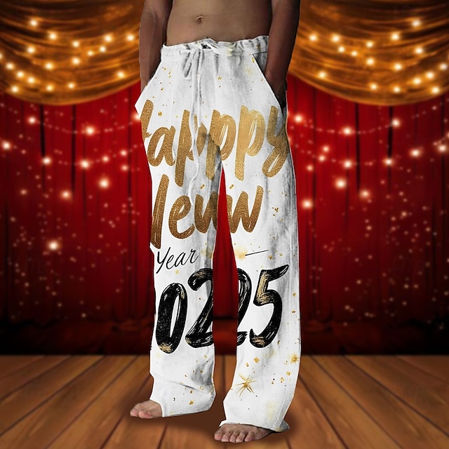  New Year Men's Happy New Year Pants Trousers Mid Waist Drawstring Elastic Waist Hawaiian Casual Outdoor Party Evening Wear Holiday Straight Leg Trousers Summer Spring Fall 3D Print White