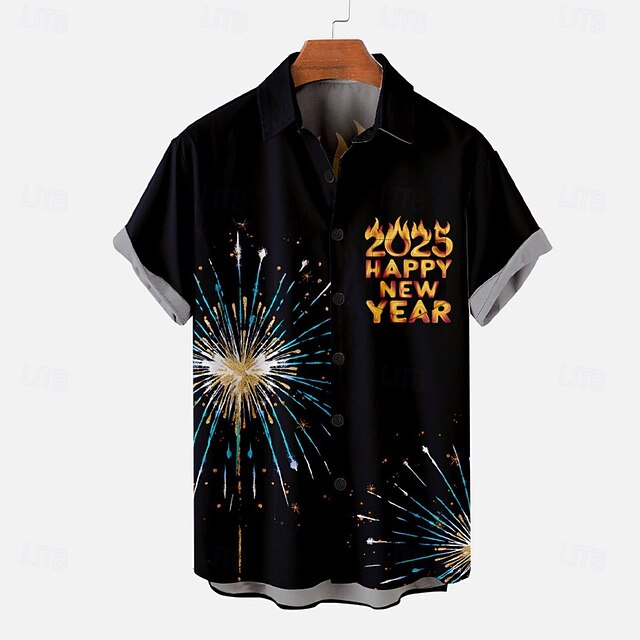 Men's Letter Printed Shirt Summer Hawaiian Shirt Button Up Shirt Short Sleeve Hawaiian Casual Vacation New Year Daily Summer Turndown Button Up 3D Print Black4