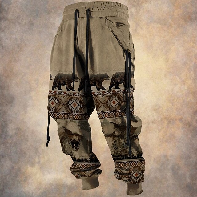 Men's Bear Cowboy Sweatpants Joggers Pants Trousers Mid Waist Drawstring Elastic Waist Vintage Casual Outdoor Street Dailywear Pocket Spring Fall Winter 3D Print Brown4