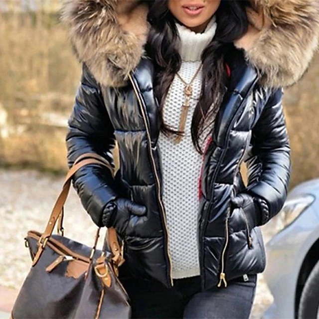 Women's Puffer Jacket Sports & Outdoor Casual Fall Winter Regular Coat Fashion Streetwear Jacket Long Sleeve Patchwork Black4