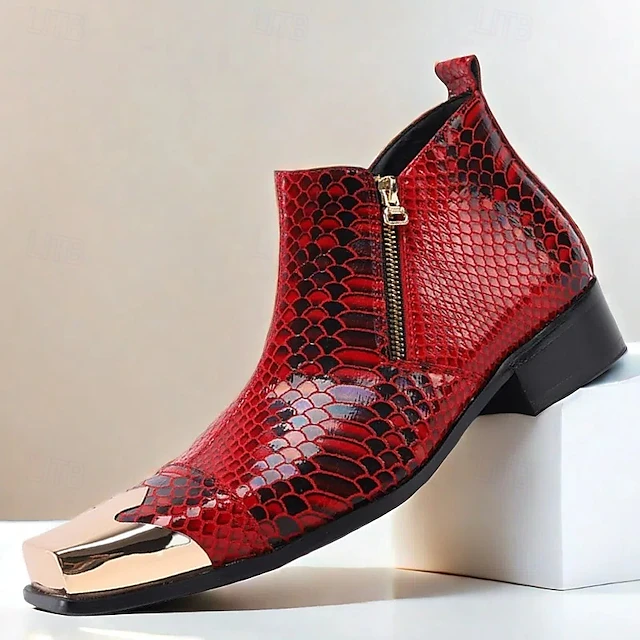 Men's Red Snakeskin Leather Ankle Boots with Metallic Toe Cap – Bold Fashion Statement for Parties and Events 11