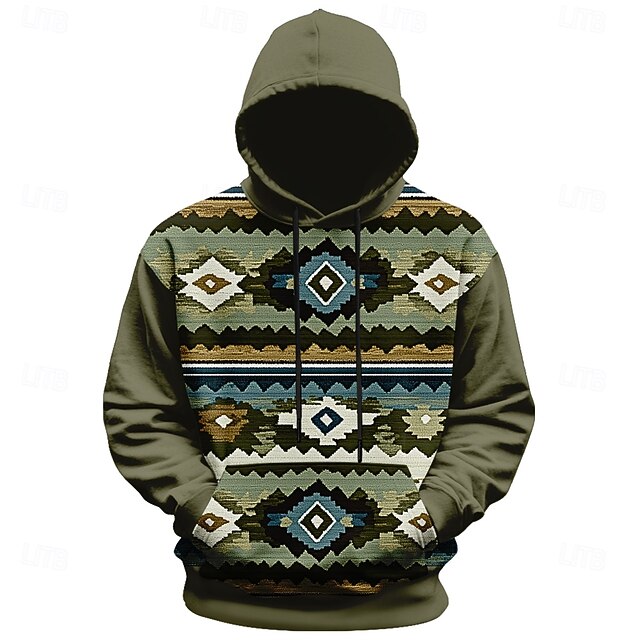Men's Argyle Hoodies Fashion Daily Long Sleeve Crew Neck Holiday Going out Streetwear Army Green Drawstring Fall Winter Designer4