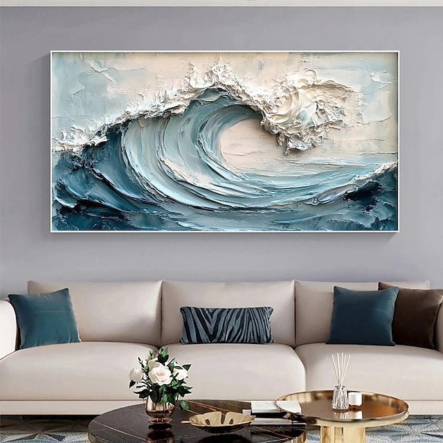  Peinture à l'huile sur toile de vagues de l'océan encadrée en 3D, peinte à la main, peinture à l'huile sur toile, nature abstraite faite à la main, peinture texturée sur mer bleue, art mural