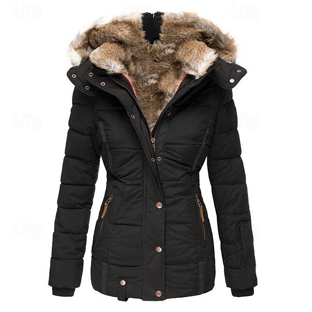 Women's Puffer Jacket Daily Winter Long Coat Fashion Streetwear Jacket Long Sleeve Fur Trim Patchwork Black Pink Navy Blue4