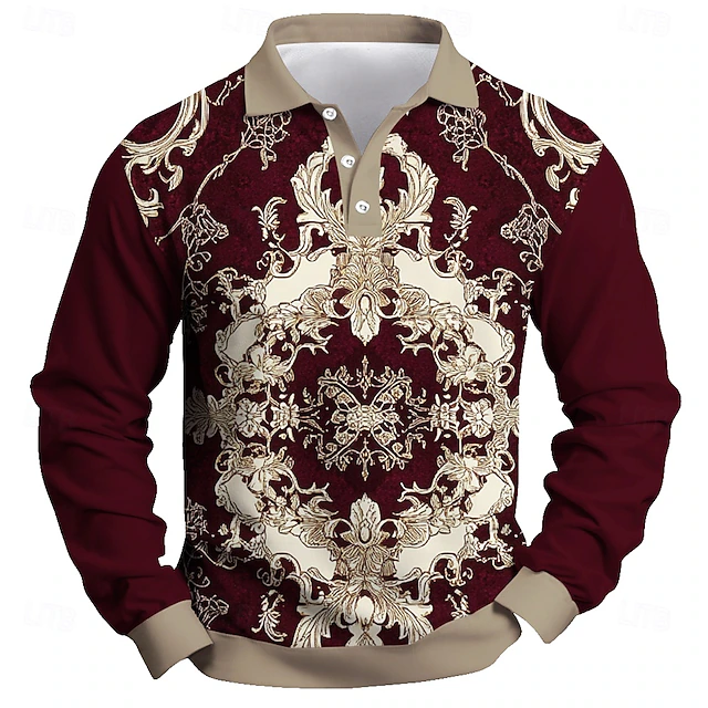 Men's Baroque Polo Shirts Golf Shirt Long Sleeve Polo Shirts Collared Shirts Vintage Casual Festival Wear Party Outfits 3D Print Buttons Spring Fall Winter Maroon4