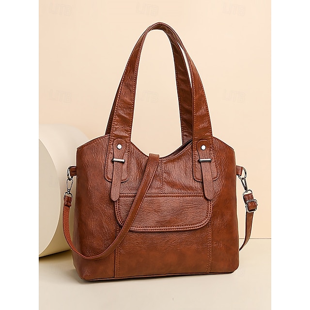  Women's Vintage Brown Faux Leather Tote Bag with Dual Handles and Adjustable Crossbody Strap – Spacious and Stylish for Everyday Use