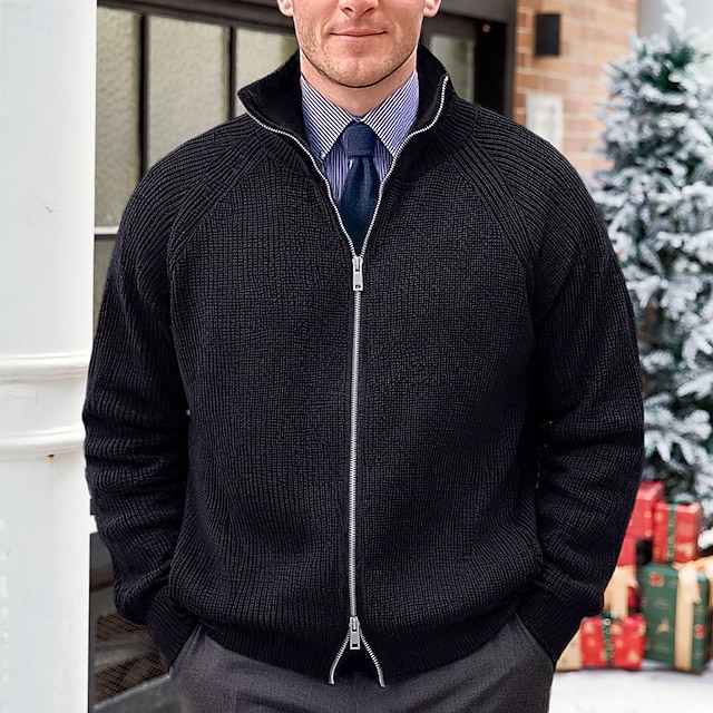  Herren Weihnachtspullover Strickjacke Zip Pullover Reißverschluss Pullover Jacke Strickpullover Grobstricken Stricken Zip Gerippt Feste Farbe Stehkragen Weihnachten Strickware Freizeitskleidung